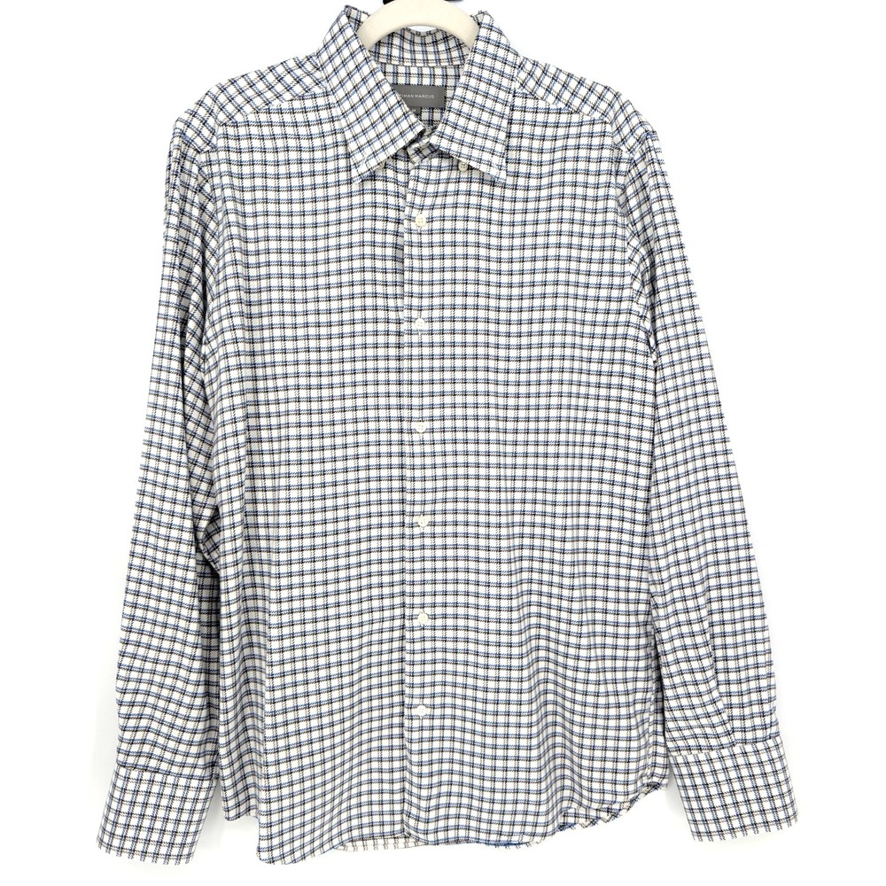 Neiman Marcus Mens Blue Gray Plaid Flannel Long Sleeve Button Down Shirt Medium